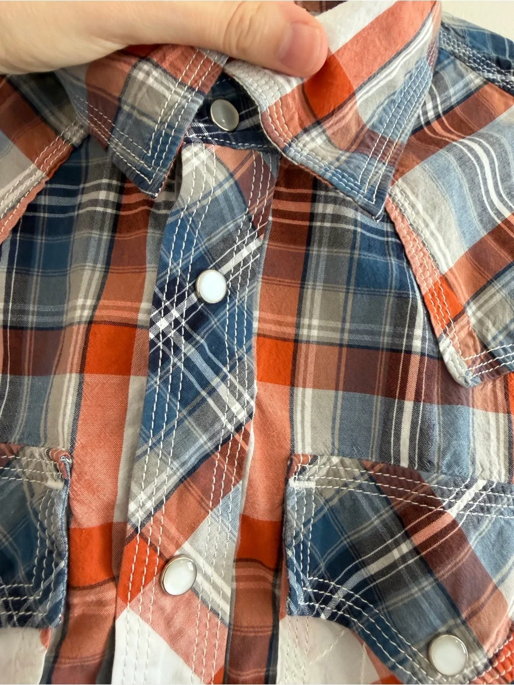 True Religion Men’s Orange and Blue Plaid Button Down Shirt